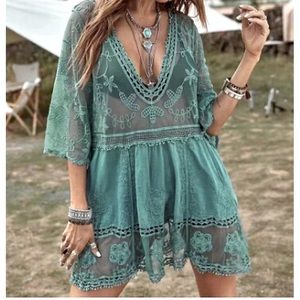 BNWOT Turquoise Bohemian Indie Lace Sheer See Through Cover Up Mod Dress